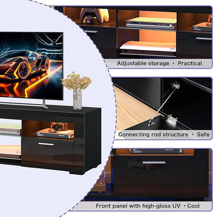 55" TV Stand for Living Room, High-Gloss Entertainment Center for 55 Inch TV, Spacious Storage Cabinet for Living Room & Bedroom (Black)