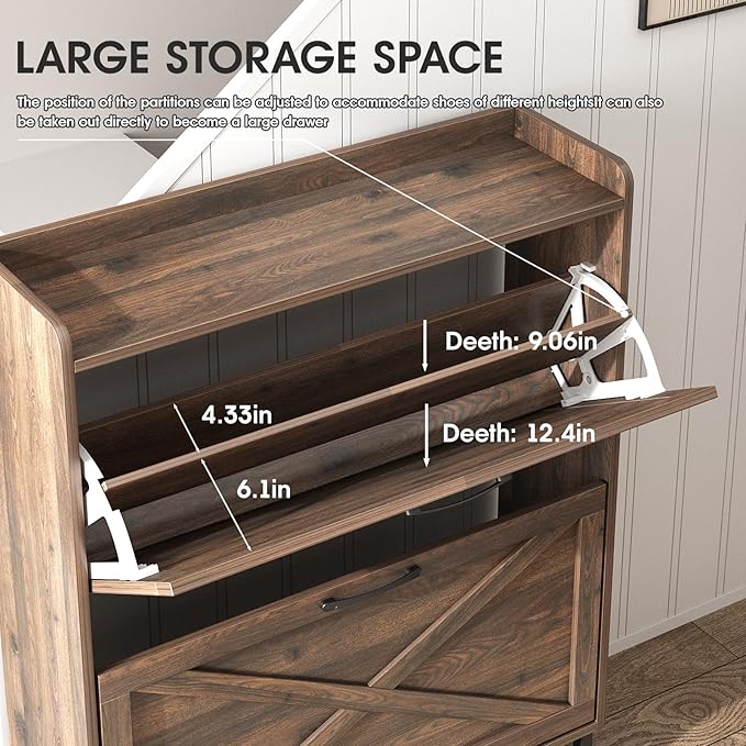 Maupvit Shoe Storage Cabinet with 2 Flip Drawers, Freestanding Organizer with Metal Legs for Entryway, Narrow Shoe Rack Cabinet, Dark Walnut