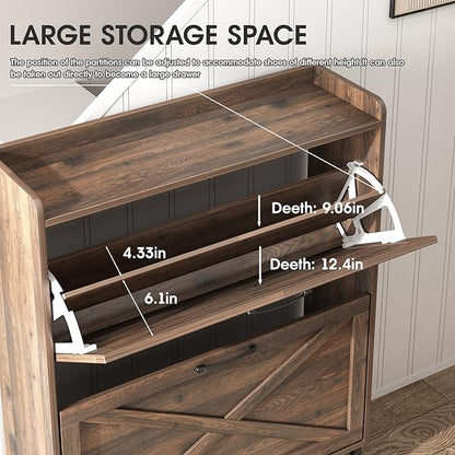 Maupvit Shoe Storage Cabinet with 2 Flip Drawers, Freestanding Organizer with Metal Legs for Entryway, Narrow Shoe Rack Cabinet, Dark Walnut