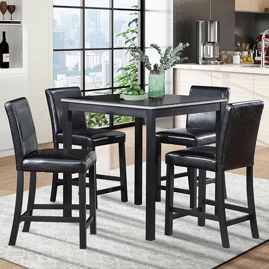 KEIKI 5-Piece Counter Height Dining Table Set with Square Table and 4 Upholstered Chair, for 4 Person, Classic Style Crystal Decoration Wooden Table Set, Easy Assembly, for Kitchen, Dining Room, Black