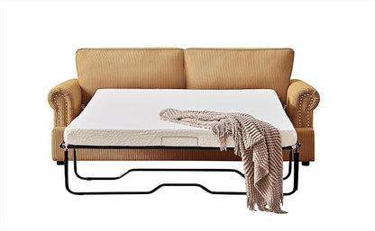 Reversible Sleeper Sofa Bed with Comfortable Memory Foam Mattress, Convertible Corduroy Full Size Pull Out Couch for Living Room, Space Saving Furniture, 72" Wide, Rounded Arms, Ginger