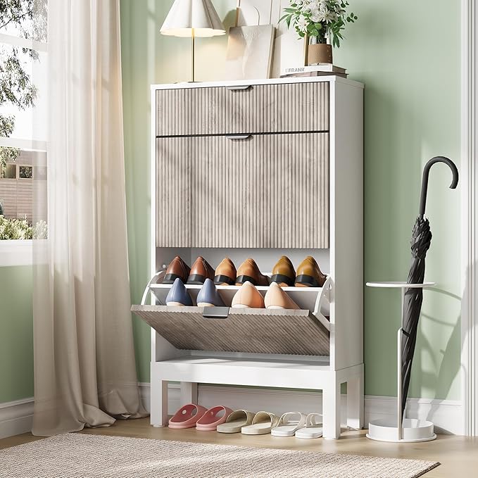GarveeHome Shoe Storage Cabinet with 2 Flip Drawers, Farmhouse Fluted Shoe Organizer with Metal Legs, Freestanding Hidden Slim Narrow Shoe Rack for Entryway, Foyer, Hallway