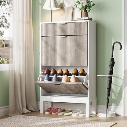 GarveeHome Shoe Storage Cabinet with 2 Flip Drawers, Farmhouse Fluted Shoe Organizer with Metal Legs, Freestanding Hidden Slim Narrow Shoe Rack for Entryway, Foyer, Hallway