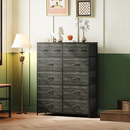 WLIVE Storage Organizer Unit with 12 Fabric Bins, Storage Drawers Organizer with Steel Frame, Tall Storage Tower Organizaton for Living Room, Hallway, Office, Charcoal Black Wood Grain Print