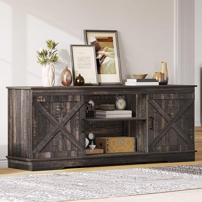 DWVO Farmhouse TV Stands for Living Room, Entertainment Center with Storage, TV Stand for 65 Inch TV with Double Barn Doors & Storage Cabinets, Rustic TV Cabinet Media Console, Dark Oak
