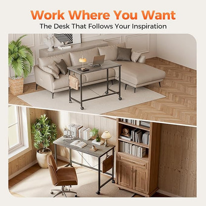 Rolling Computer Desk with Wheels, Gaming Desk for Small Spaces, Modern Simple Style Table for Home Office, Study Writing Table (Caster, Stone Gray, 32 inch)