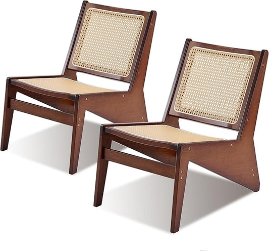 Rattan Chair 2Pcs, Mid-Century Accent Chair, Rattan Lounge Chair for Living Room, Boho Side Corner Comfy Chair for Bedroom and Balcony, Walnut