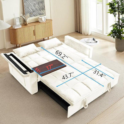 Ball & Cast 55" 3 in 1 Sleeper Sofa Bed Velvet Upholstered Pull Out Couch with Adjustable Back & 2 Pillows,Convertible Futon Sofa Bed W/Hidden Side Table,Side Pocket & USB Port,for Living Room,Beige