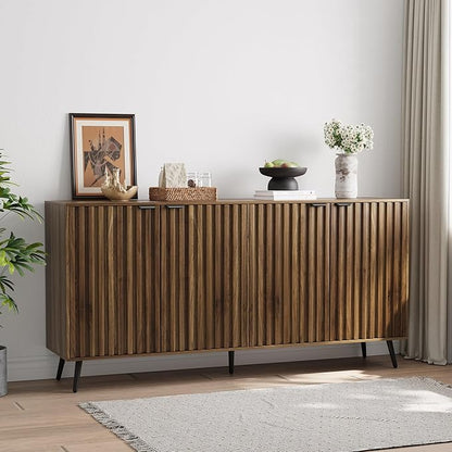 Semiocthome Walnut Buffet Cabinet with Storage, Large Sideboard Cabinet with 4 Fluted Doors and Metal Legs, Storage Cabinet with Adjustable Shelf, Accent Table for Living Room, Dining Room, Kitchen