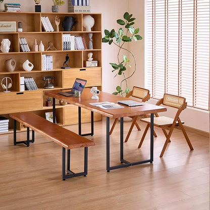 Durable Solid Wood Top Bench with Metal Triangular Legs – Stylish Long Dining Bench for Home, Office, Restaurant & Patio Chair (Wooden Brown Bench, 62.99in)