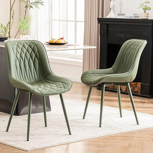 YOUNIKE Dining Chairs Set of 2 with High Backs Mid Century Modern Kitchen & Dining Room Chairs Faux Leather Upholstered Wide Accent Chair Comfortable Padded Living Wating Room Chair Olive Green