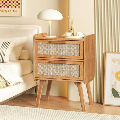 Lerliuo Rattan Nightstands Set of 2, Boho Night Stand with 2 Drawers, Cane Accent Side End Table, Bedside Table with Solid Wood Legs for Bedroom, Dorm and Small Spaces (Tea Brown)
