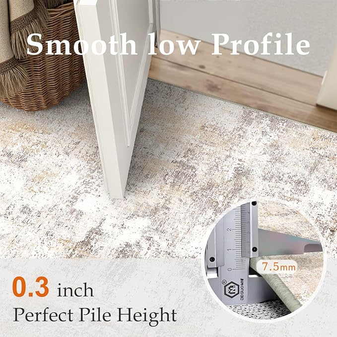 2x10 Washable Runner Rug Beige Grey Neutral Abstract Hallway Kitchen Living Room Bedroom Non Slip Throw Rug Soft Low Pile Indoor Carpet for Entrance Laundry Bathroom