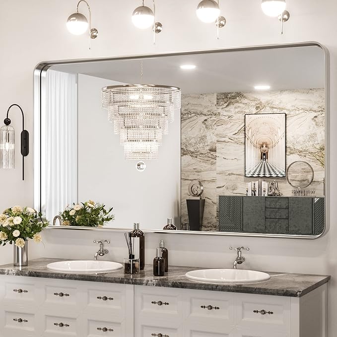 TokeShimi 60 x 36 Inch Brushed Silver Bathroom Mirror for Wall Brushed Brass Metal Rounded Corner Rectangle Mirror Metal Frame Deep Set Design Hangs Horizontal Or Vertical