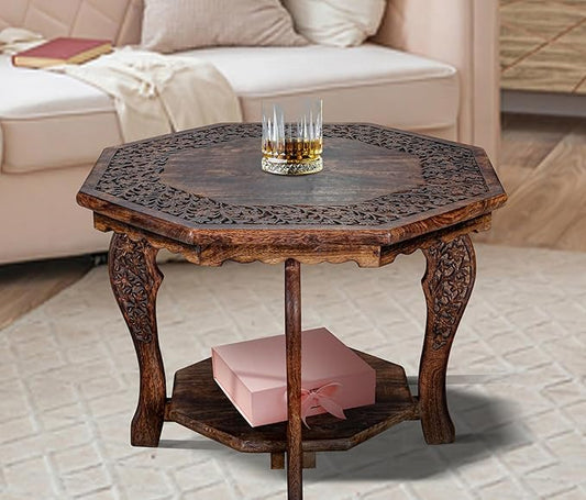 The Wooden Town Farmhouse Octagon Accent End Table, Rustic Side Table Nightstands for Living Room, Bedroom, Foldable Coffee Tables with Carving, Wood Tray Top, Handcrafted Finish, 24"x24"x18" - Burnt