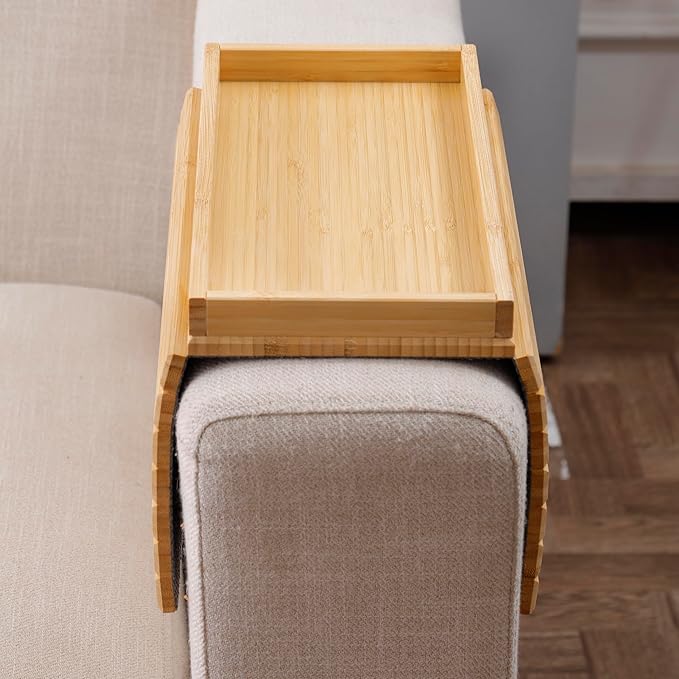 DETOR Couch Arm Tray, Foldable Sofa TV Tray with Capacious 12.4" x 5.4" Storage Box, Natural Bamboo Finish, Enhanced Nonslip Felt Bottom, Sturdy Bamboo Slats Material | for Armrests 6" and Wider