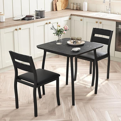 Small Dining Table Set for 2,3-Piece Kitchen Table Set with Thick Wood Grain Tabletop & 2 Upholstered Chairs & Metal Frame, Compact Table Set for Small Spaces, Kitchens & Dining Rooms (Black)