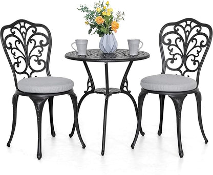 NUU GARDEN Bistro Set 3 Piece Outdoor All Weather Cast Aluminum Patio Bistro Set Patio Table and Chairs Set of 2 with Umbrella Hole and Gray Cushions for Backyard, Balcony, Lawn, Black