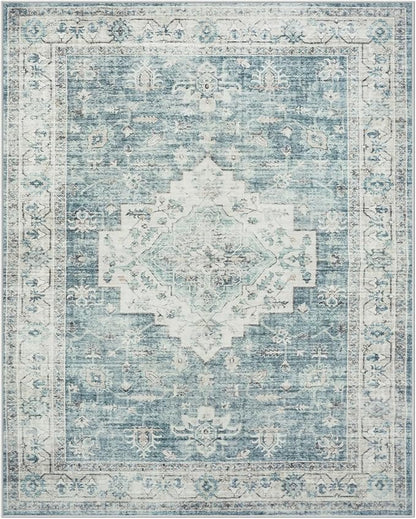 LIVEBOX Washable Area Rug 8x10 Rugs for Living Room Bedroom, Non-Slip Boho Indoor Carpet for Dining Room Office, Low-Pile Farmhouse Soft Carpets for Kids Nursery Room Playroom, Blue