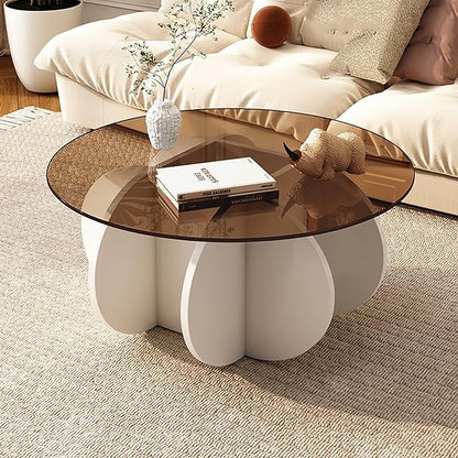 Mid Century Modern Round Glass Coffee Table for Living Room, Small Coffee Tables for Center Suitable for Bedroom Living Room Reception Office Tables (White/Brown)