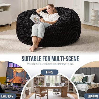 Hobestluk 5ft Bean Bag Chairs for Adults Large Beanbag Chair with Stripe Plush Cover Big Bean Bag Chair for Living Room Bedroom Dorm Office -Black (50” x 50” x 24”)