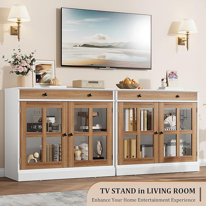 GarveeHome 35.4" Sideboard Buffet Cabinets with Glass Door, Buffet Cabinet with Storage, White&Brown Sideboard Cabinet with Drawer, Modern Buffets & Sideboards for Dining Room, Kitchen