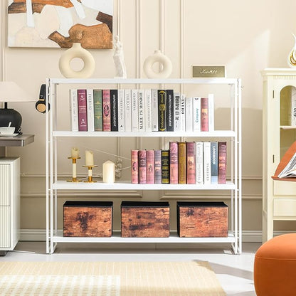 HCHQHS Bookshelf, 4-Tier Industrial Bookcase, White Open Book Shelf, Freestanding Tall Bookshelves with Metal Frame