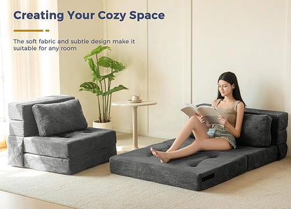 MAXYOYO Convertible Sofa Bed, Fold Out Sleeper Sofa with Pillow, 4 in 1 Tufted Folding Couch Bed Foam Floor Couch, Lazy Chair for Living Room Bedroom Guest Room, Dark Grey
