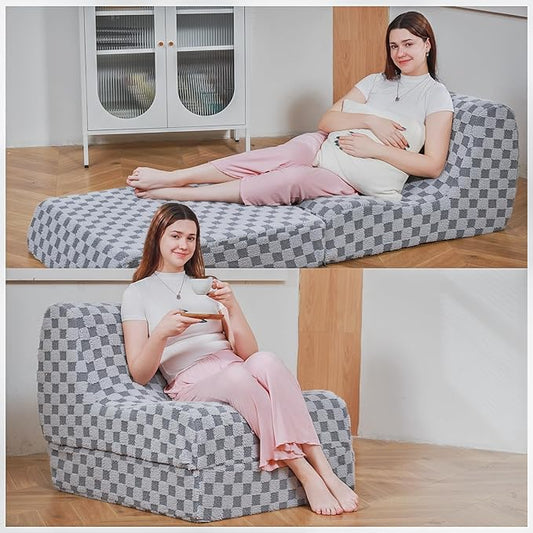 Bean Bag Chair with Checkerboard Shaker Fleece Fabric, Folding Sofa Bed, Floor Sleeper Lounge Chair, Lazy Sofa for Living Room, Bedroom, Apartments (Cement Gray)