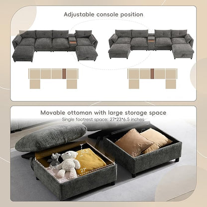 Merax 142'' Modular Sectional Sofa Set with Movable Storage Ottoman and Console, Cup Holder, Wide Seat, 6 Seat U Shaped Couch, Oversized Chenille Sofa with USB Charger for Living Room, Apartment, Gray