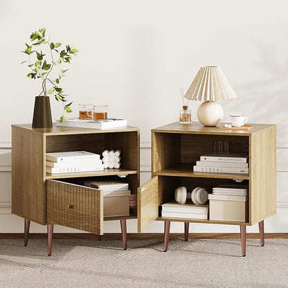 Wood Night Stand Set 2,Modern Bedside Table with Door and Open Storage,Fluted Nightstand and Wood End Side Table with Rose Gold Metal Legs and Handles for Bedroom,Living Room,Natural