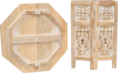 The Wooden Town Side Tables– Hand Carved Vintage Boho Folding End Tables for Living Room, Entryway, Living Room, Bedroom – No Tools Assembly, 18"x18" Octagon, White wash Finish