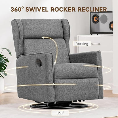 COMHOMA Rocking Recliner Chair,Swivel Glider Reclining Single Sofa Manual Rocker Recliners,Nursery Rocking Chairs with Upholstered Seating for Living Room Office(Gray)