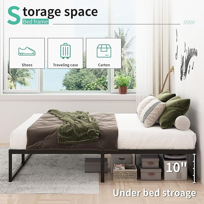 12 Inch Bed Frame Queen Size Heavy Duty Steel Slat Support Metal Platform Queen Bed Frame No Box Spring Needed, Easy Assembly, Black