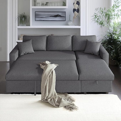 87.4 Inch L Shape Sleeper Sectional Sofa with Storage Chaise, Pull Out Bed and 2 Tossing Cushions, Upholstered Corner Couch for Living Room, Apartment, Home Furniture, Gray