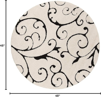 SAFAVIEH Florida Shag Collection 4' Round Ivory / Black SG455 Scrolling Vine Graceful Swirl Textured Non-Shedding Living Room Bedroom Dining Room Entryway Plush 1.2-inch Thick Area Rug