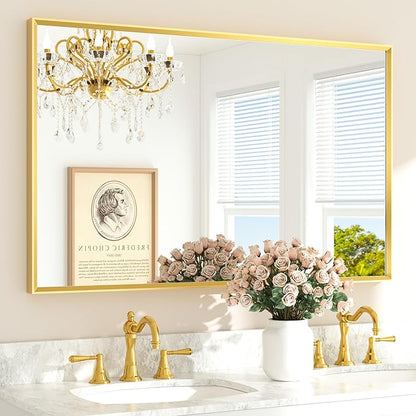 TETOTE Brushed Gold Frame Mirror for Bathroom Wall 48" x 30" Brushed Brass Beveled Rectangle Bathroom Vanity Mirror for Over Sink, Bedroom, Entryway, Living Room, Tempered Glass, Stronger Frame
