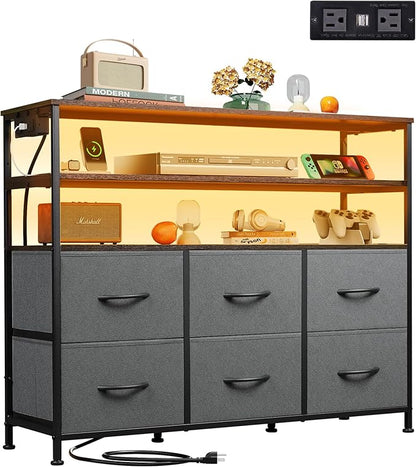 WLIVE Grey TV Stand for 40, 45 inch TV, Entertainment Center with LED Lights & Charging Station, TV Media Console Table with 6 Fabric Drawers and Open Shelves for Living Room, Hallway, Dark Grey