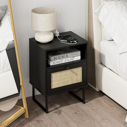 Masupu Extra Large Rattan Nightstand,Boho Night Stand Modern Farmhouse Wood Bedside Table with Storage Drawer and Open Shelf,Side End Table for Bedroom,Living Room,Black