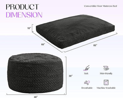 Hobestluk Bean Bag Chair Convertible Beanbag Chairs for Adults, 3 in 1 Bean Bags with Plush Chevron Cover, Adult Bean Bag Chair for Living Room, Bedroom (Black, Queen)