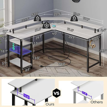 Rolanstar L Shaped Gaming Desk with LED Lights & Power Outlets, 53" Computer Desk with Full Monitor Stand & Storage Shelf, Corner Desk with Hooks, White Desk Reversible