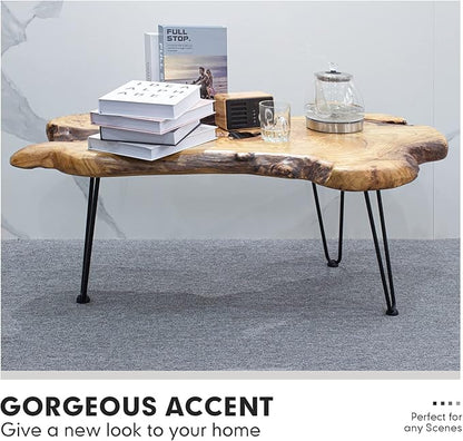 Natural Wood Edge Contemporary Coffee Cocktail Table, Live Edge Coffee Table,Living Room Coffee Table with Clear Lacquer Finish and Metal Hairpin Legs,Unique Desktop