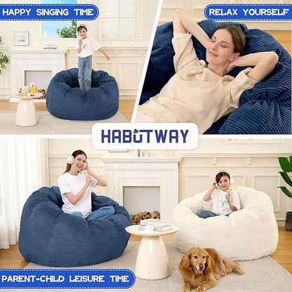HABUTWAY Giant Bean Bag Chair for Adults/Kids/Teens, Pumpkin Bean Bag Couch Comfy Reading Chair for Bedroom, Corduroy Lazy Sofa Loughe Chair with Wider Seat Depth & Non-Slip Bottom(Blue)