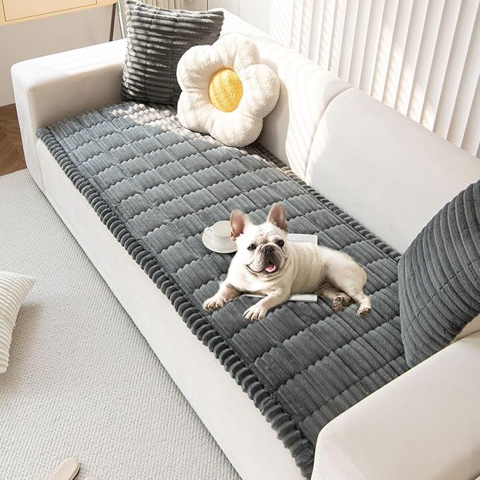 OTOB Couch Cover for Dogs Washable, Non Slip Plush Fuzzy Sofa Covers for 3 Cushion Couch Pet Friendly, Soft All Seasons Sofa Slipcover Cozy Furniture Protector (Dark Gray, 31.5" x 82.7")