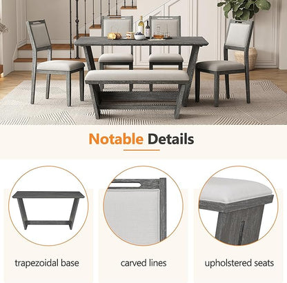 Merax 6-Piece Retro Dining Set, 1 Rectangular Table with Stable Trapezoidal Table Base and 4 Upholstered Chairs and 1 Bench for Dining Room and Kitchen, Antique Gray