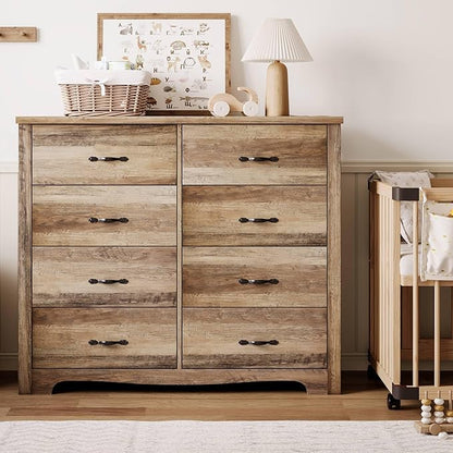 LINSY HOME 8 Drawers Dresser for Bedroom, 47" Wide Wood Dressers & Chests of Drawers, 40" Tall Modern Farmhouse Storage Dresser with Antique Handles for Closet, Living Room, Hallway, Rustic Brown