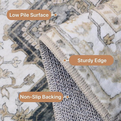 GENIMO 7'6''x9'6'' Area Rugs for Living Room, Machine Washable Non Slip Vintage Rugs, Low Pile Lightweight Chenille Print Rug for Bedroom, Dining Room, Home Office, Heathered Grey