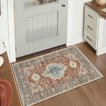 Lahome Oriental Small Rugs for Entryway, 2x3 Rug Non Slip Washable Door Mat Indoor Entrance Ultra-Thin Vintage Soft Carpet for Kitchen Bedroom Front Door Bathroom, Orange/Multi