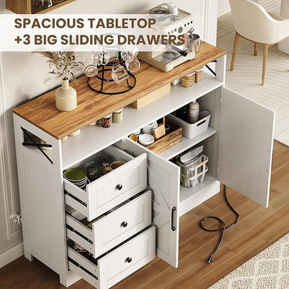 47inch Farmhouse Buffet Sideboard Cabinet, Wood Cupboard Storage Pantry Cabinet with Drawers, Coffee Bar Station Table for Kitchen Living Dining Room, White
