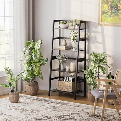 HITNET Ladder Shelf Black, 4-Tier Bookshelf, Freestanding Bathroom Storage Rack with Bamboo Frame, Plant Display Stand for Living Room, Kitchen, Home Office